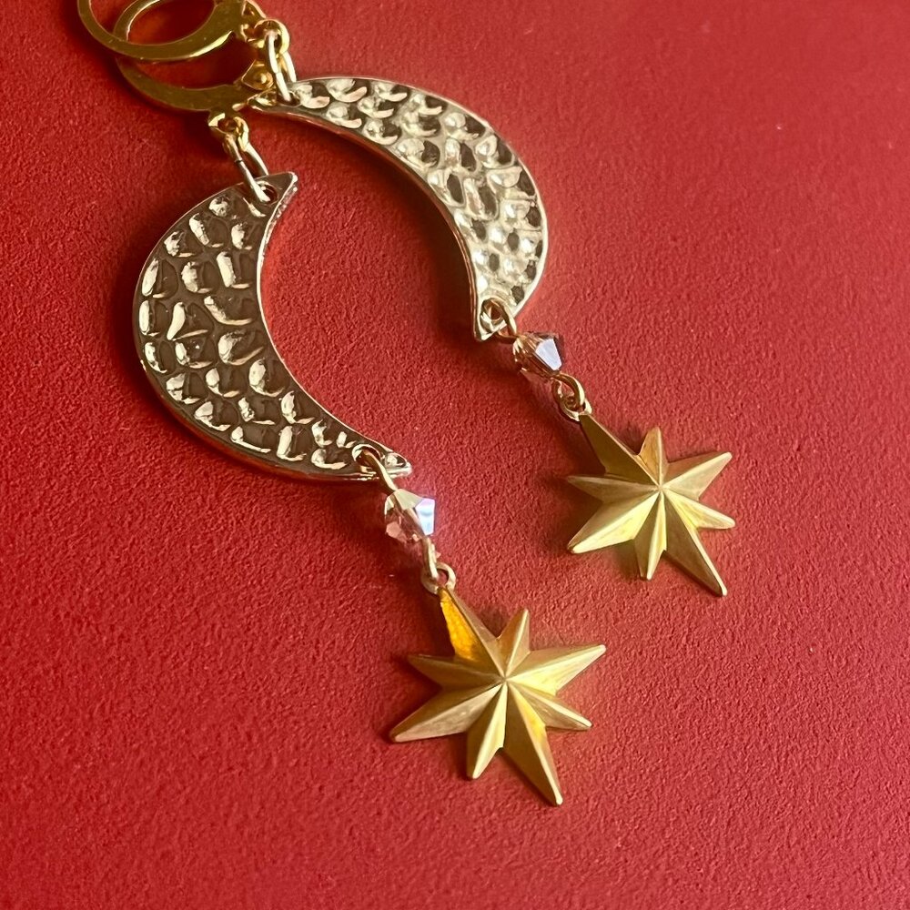 Gold Crescent Moon and Star Celestial Dangle Earrings with Swarovski Crystals - Picture 5 of 6